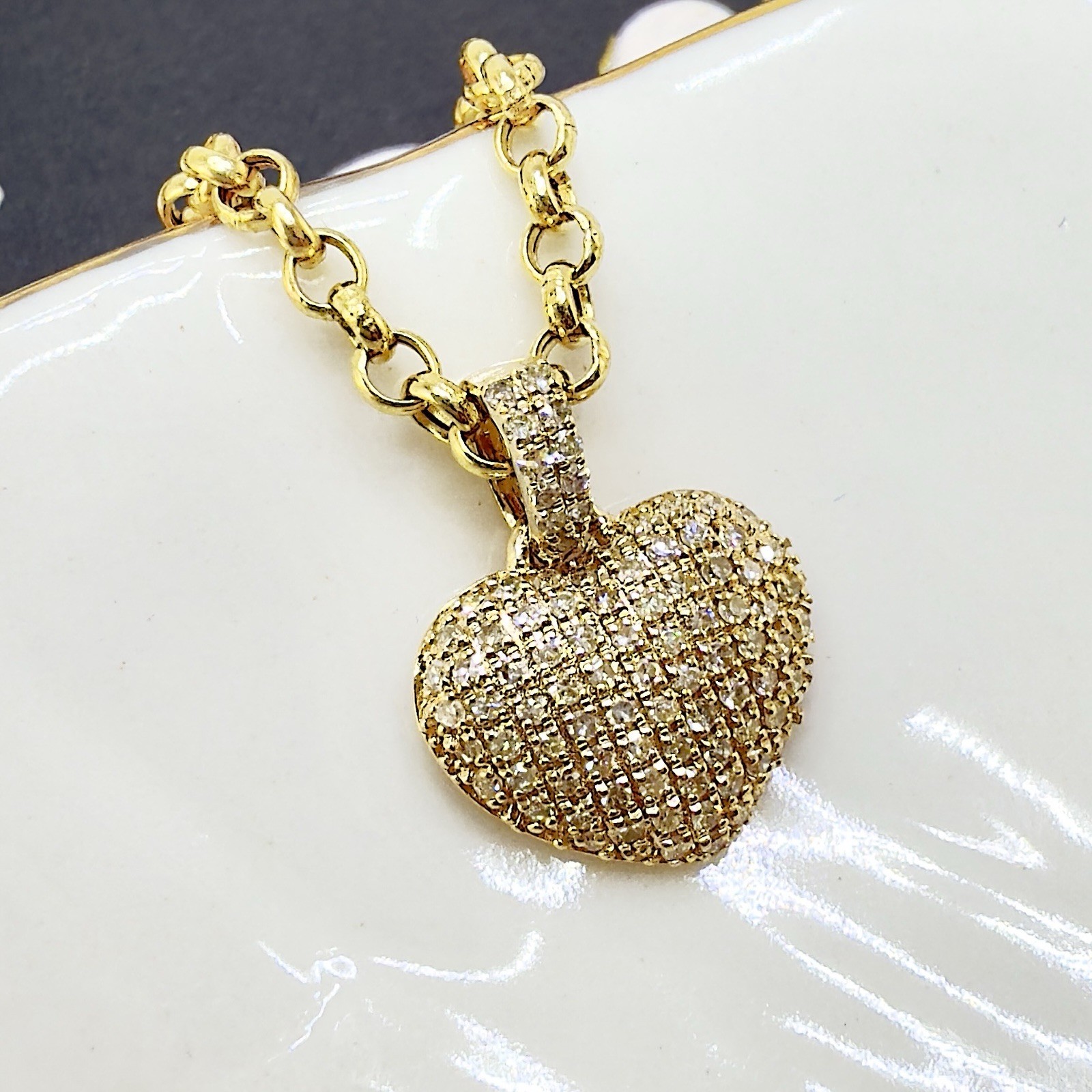 10k Yellow Gold Genuine Diamond Heart Pave Pendant, New - Picture 4 of 11