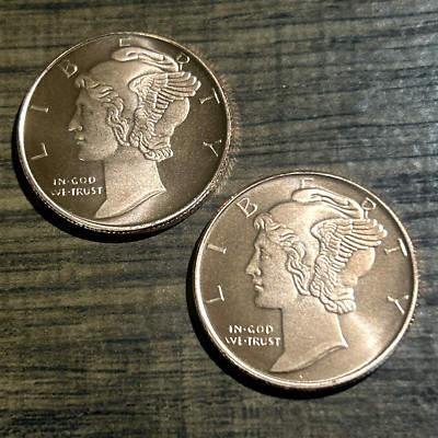 2X MERCURY DIME 1/4 Ounce .999 Fine Copper ~Quarter Oz Coin ~GOLDEN STATE MINT