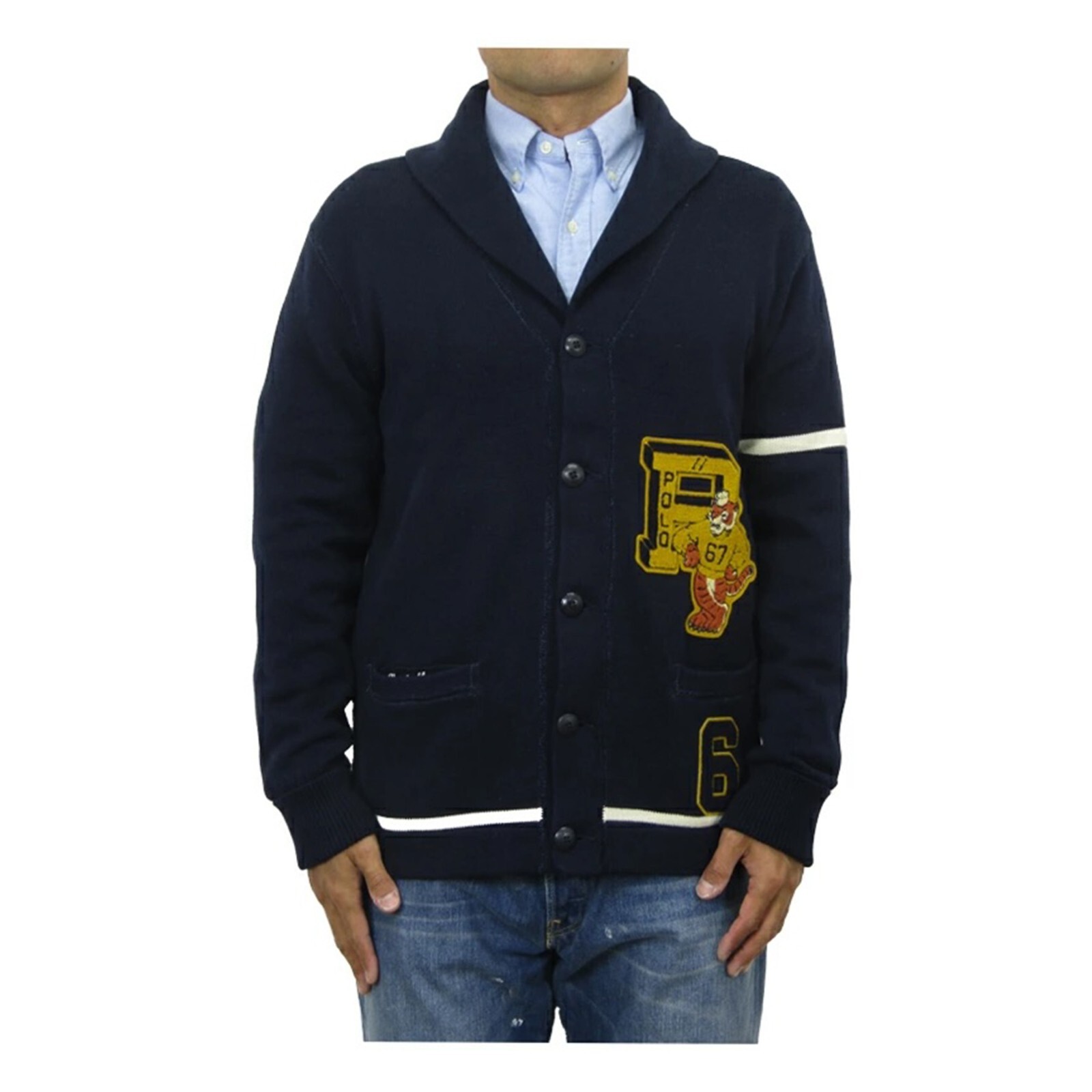 Свитер-кардиган Polo Ralph Lauren Letterman с шалью и буквой П, Тигровый - Темно-синий