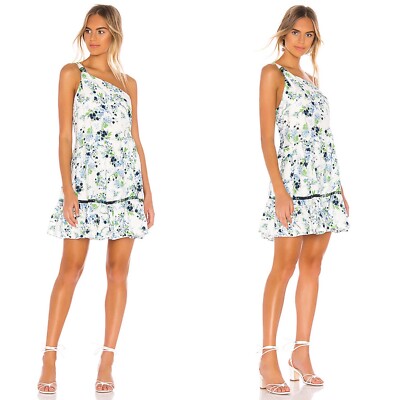 Free People All Mine Blue Floral One Shoulder Ruffle Hem Linen Dress Size Large