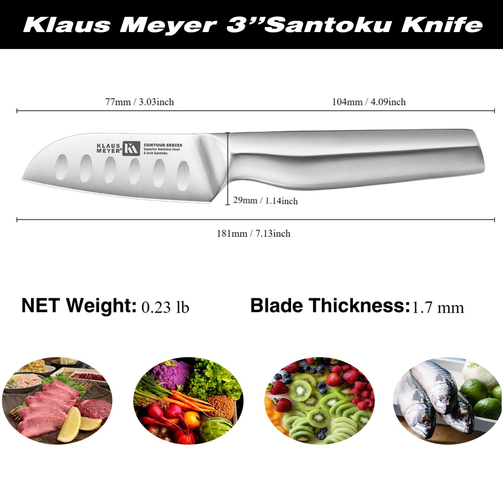 Klaus Meyer Contour Finest high carbon steel 3 inch Santoku Kitchen Chef Knife