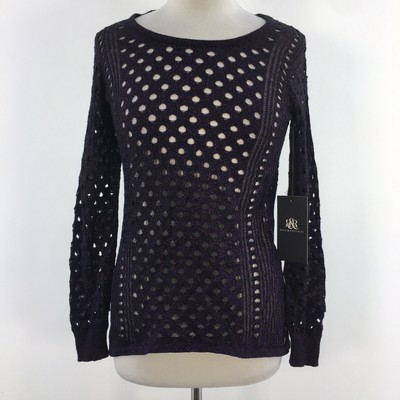 NWT Rock & Republic Black Purple Shimmer Mesh Knit Long Sleeve Top Womens Sz S