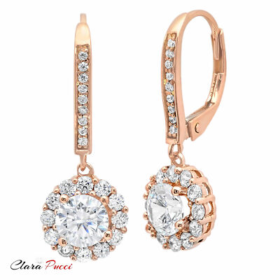 Pre-owned Pucci 3.55ct Round Halo Lab Created Moissanite Drop Dangle Earrings 14k Rose Gold
