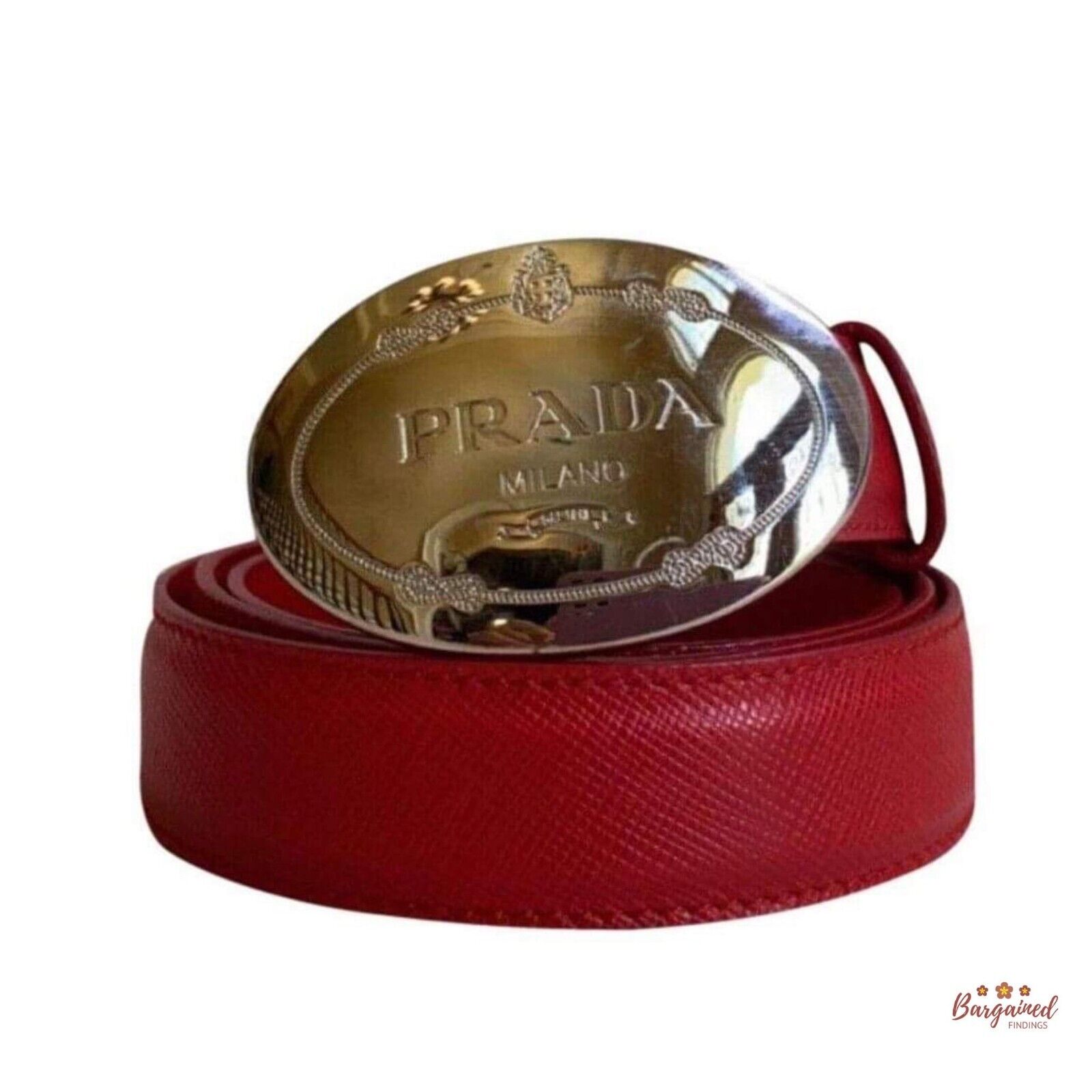 Authentic PRADA Red Saffiano Leather Engraved Oval Plaque