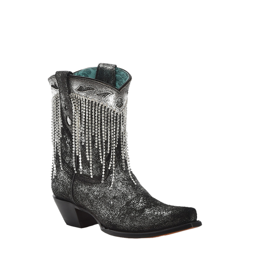 Pre-owned Corral Boots Corral Ladies Old Silver Overlay & Crystal Fringe Ankle Boots Z5252