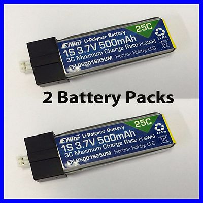 E-Flite Eflite 500mah 1S 3.7v 25C Lipo Battery UMX Glimpse EFLB5001S25UM x2