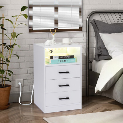 Nightstand Bedside Cabinet with LED Lights & 3 Drawer &Wireless Charging Station