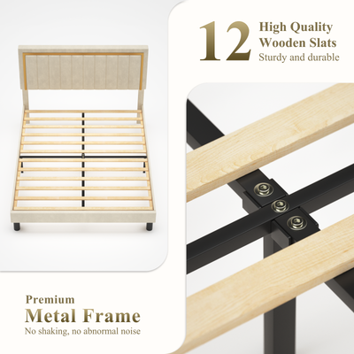 Queen Bed Frame Upholstered Platform Bed Frame with Headboard Gold Trim G4F3