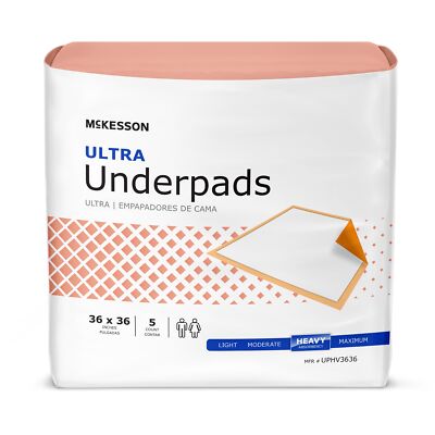 McKesson Ultra Underpad, 36 x 36 Fluff/Polymer Heavy Absorbency, Bag of 5