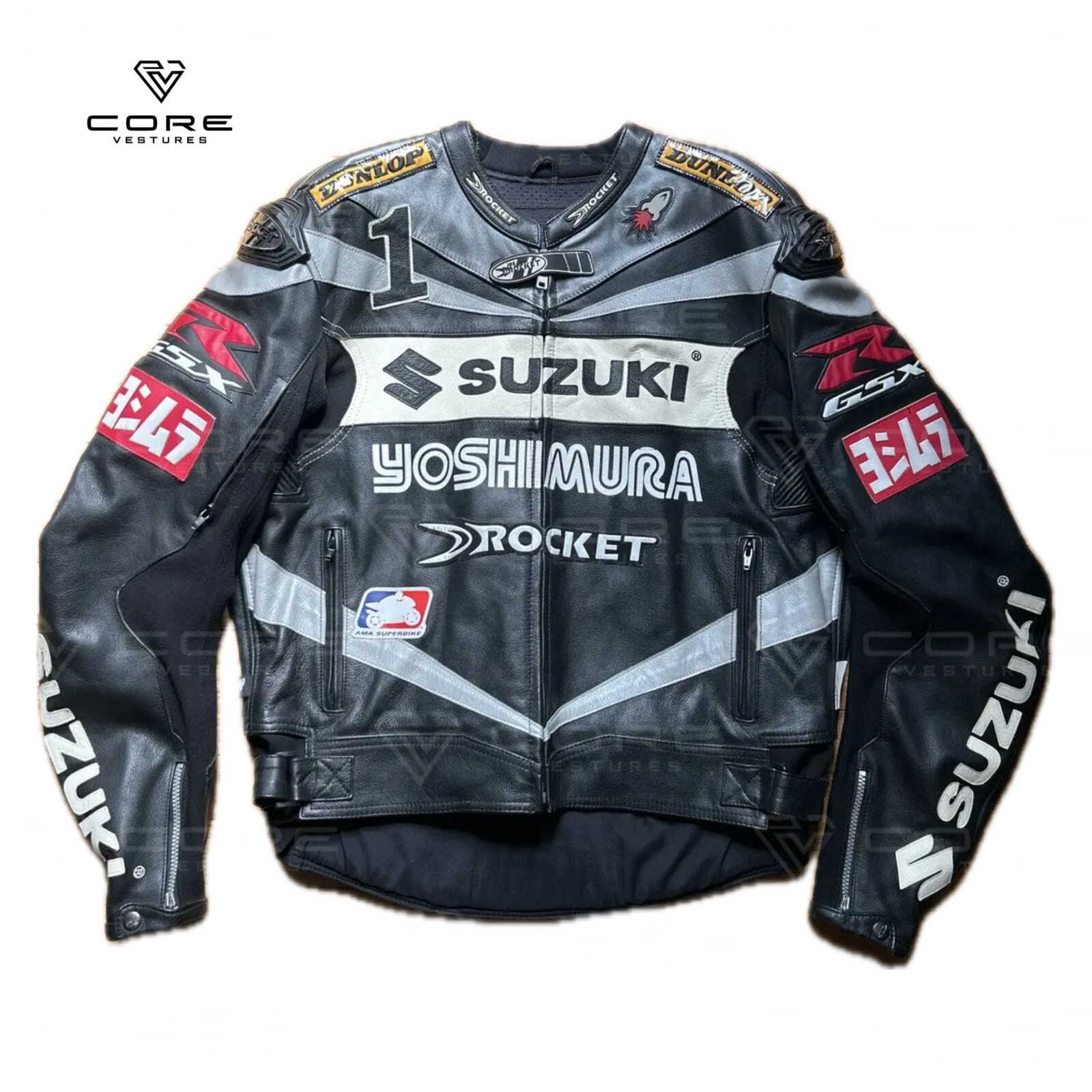 BLACK YOSHIMURA SUZUKI LEATHER RACING JACKET ARMOR PROTECTED