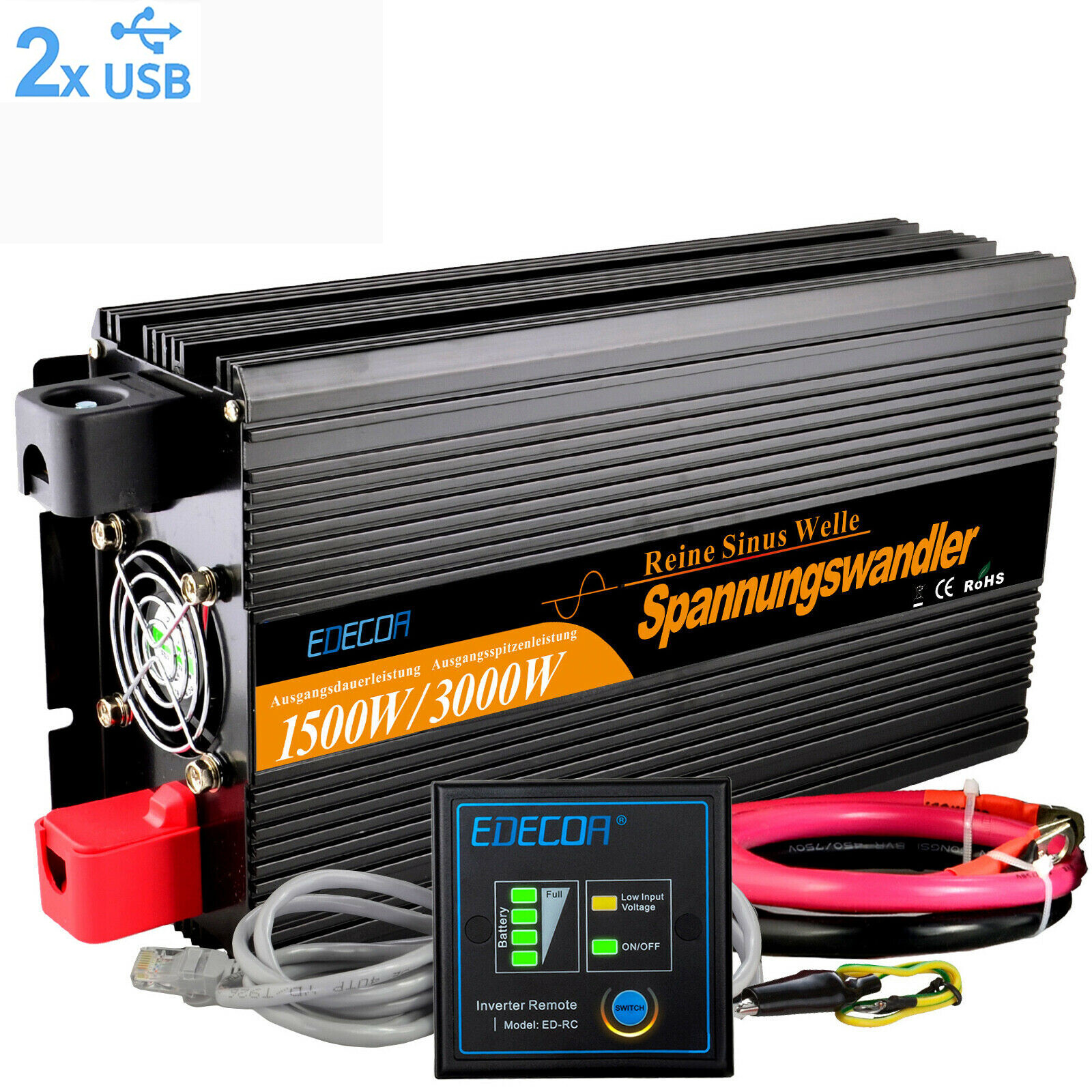 EDECOA Spannungswandler 12V 230V Reiner Sinus 1500W