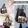 Chenille Letter Clear Makeup Bags Stuff Tote, Preppy Patch Makeup Bag Zipper with Handle, Waterproof PVC and Nylon Portable Glitter Large Cosmetic Travel Toiletry Storage for Women Girls(STUFF-Black)