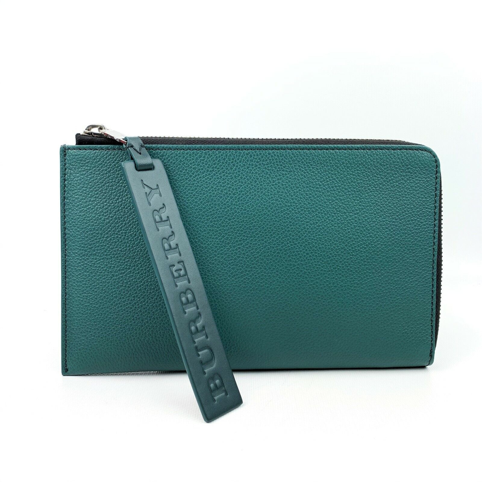 Burberry Green Pebbled Leather Zip Pouch Bag Clutch