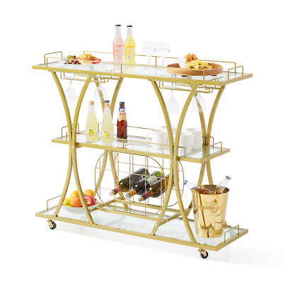 VEVOR 3 Tiers Gold Metal Bar Serving Cart with Wine Rack Glass Holder 180 LBS