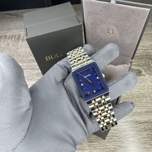Pre-owned Bulova New✅  Quadra Diamond Date Blue Dial Rectangle Two Tone Men's Watch 98d154