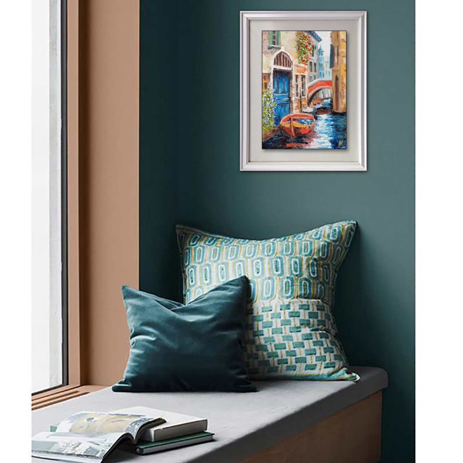 Venice Painting Boat Italy Original Art Grand Canal Flowers Citscape City Houses