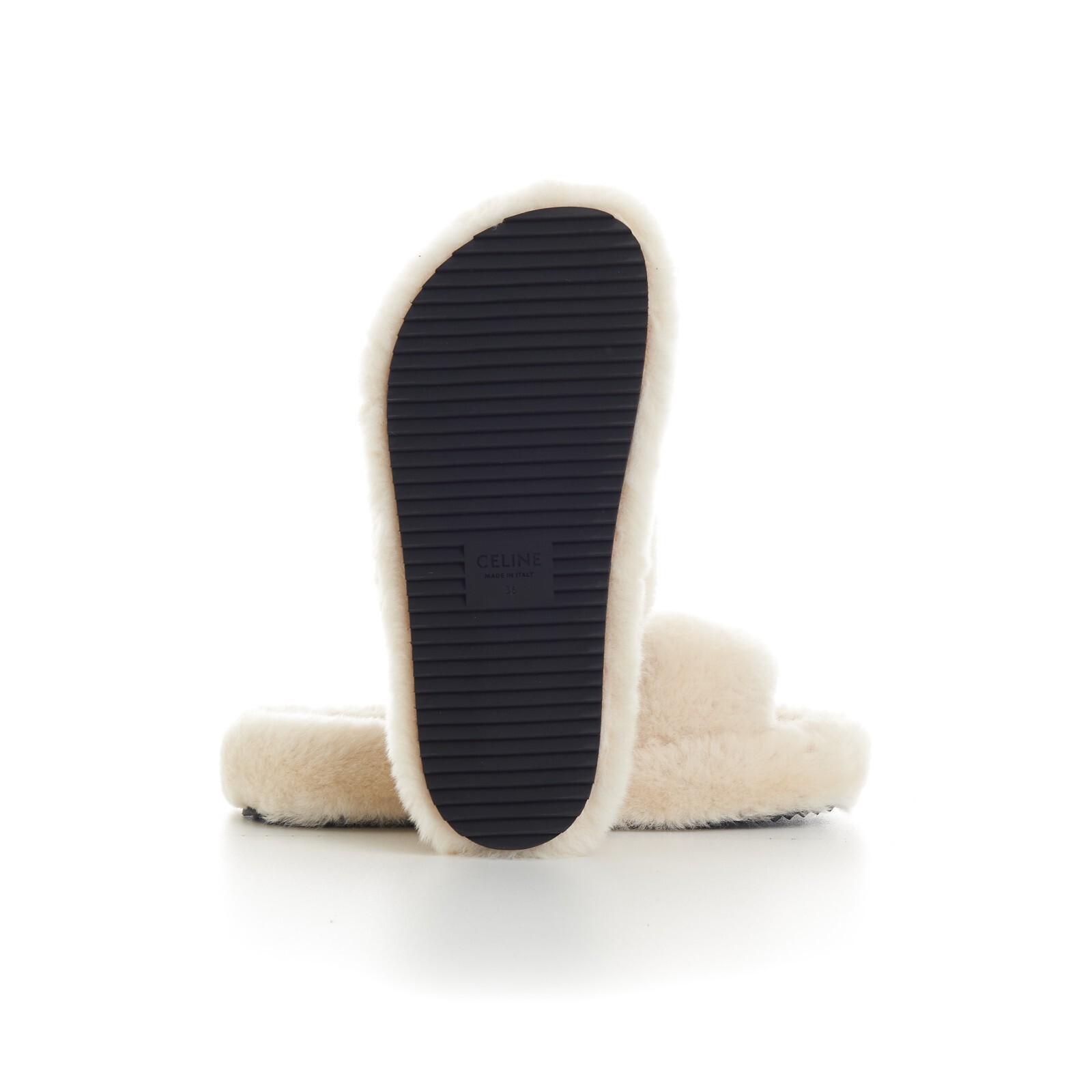 Pre-owned Celine 870$ Triomphe Open Shearling Fur Slide Sandals - Signature Leather Patch In Beige