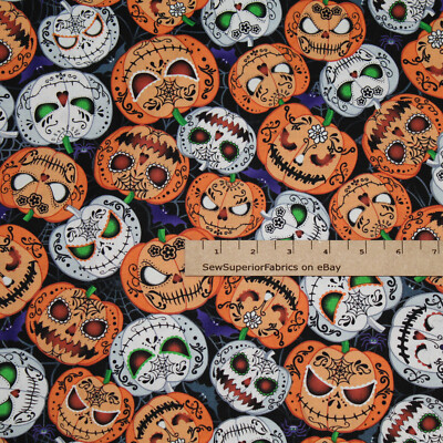 GLOW in the DARK  Sugar Skull Pumpkins Jack-o-lantern Fabric 1/2 Yard #CG8651
