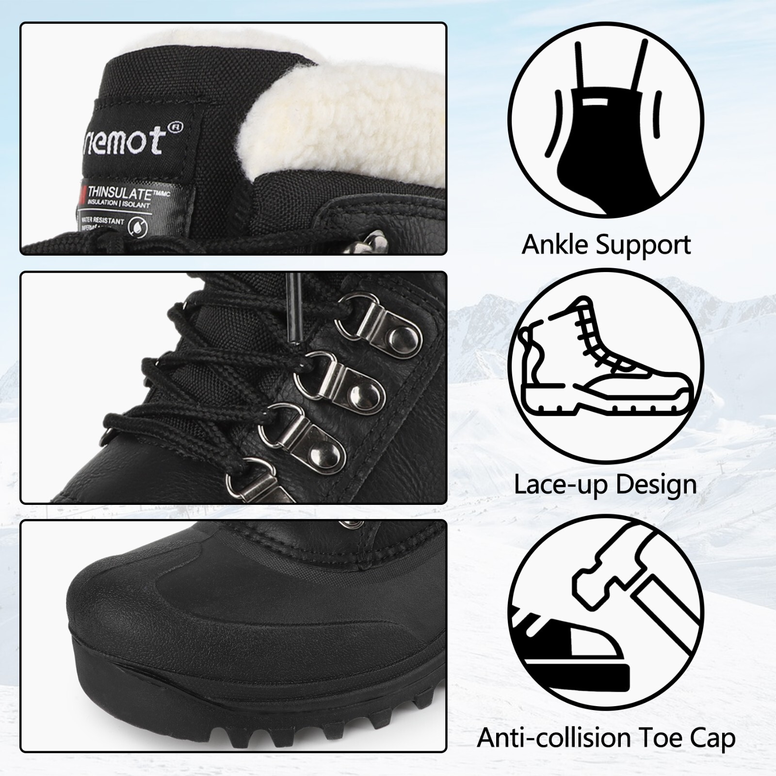 Mens Snow Boots Lace Up Outdoor Waterproof Winter Warm Fur Insulated Ski Boots