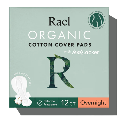 Rael Organic Cotton Cover Sanitary Napkins With Wings, Unscented, Overnight Size