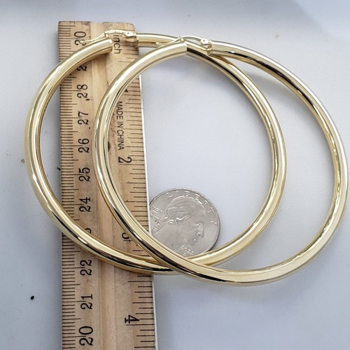 Pre-owned Handmade Extra Large Big Huge Thick Real 14k Yellow Gold Plain Hoop Earrings 3.50 Inches