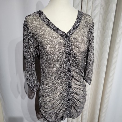CAbi Sz S Black White Print  Sheer V Neck Half Sleeve Top Button Down