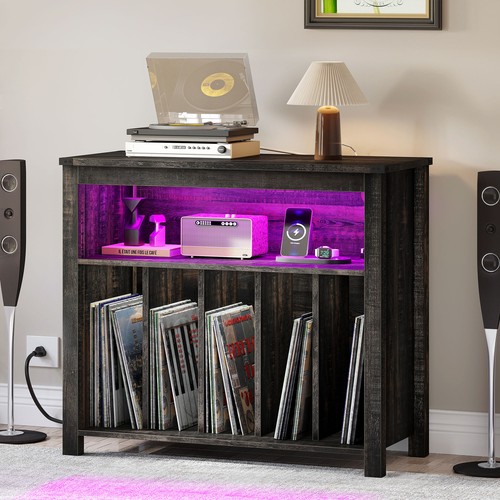 Record Player Stand Vintage Turntable Cabinet with Power Outlets and LED Lights
