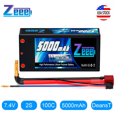 Zeee 2S Shorty Lipo Battery 5000mAh 7.4V 100C 4mm Bullet to Deans T for RC Car