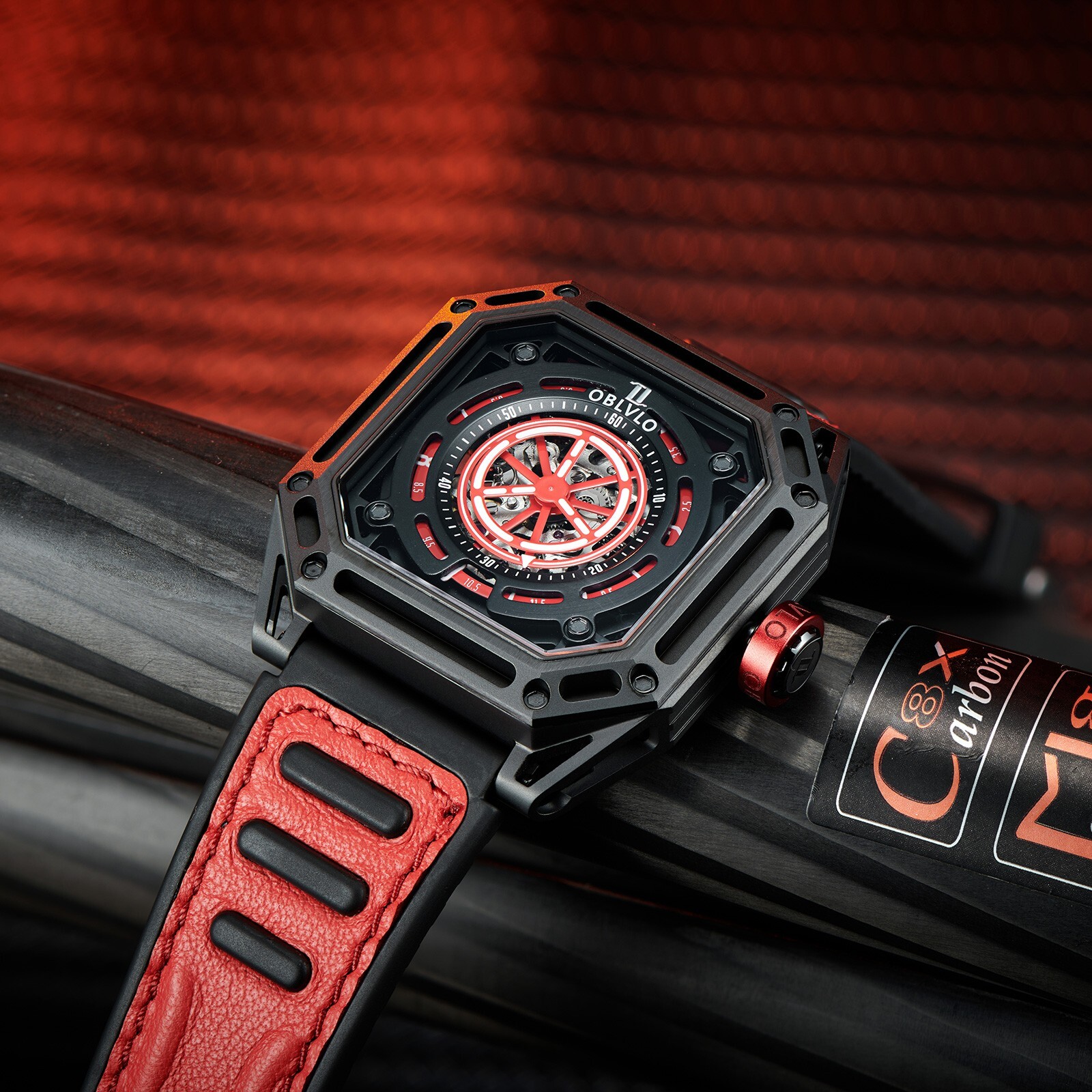 Pre-owned Reef Tiger Oblvlo Men Automatic Watch Luxury Mechanical Wristwatch Square Skeleton Luminous