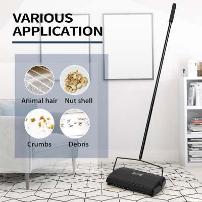 Commercial Manual Carpet Floor Sweeper Dual Roller Brush Residential Black