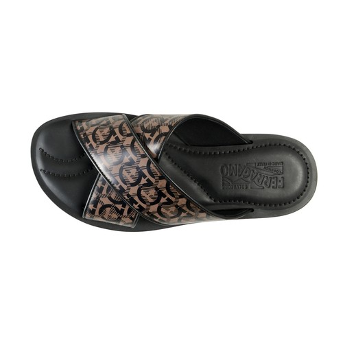 Pre-owned Ferragamo Salvatore  Men's "sion 3" Logo Print Leather Sandals Flip Flops Shoes In Black/gray