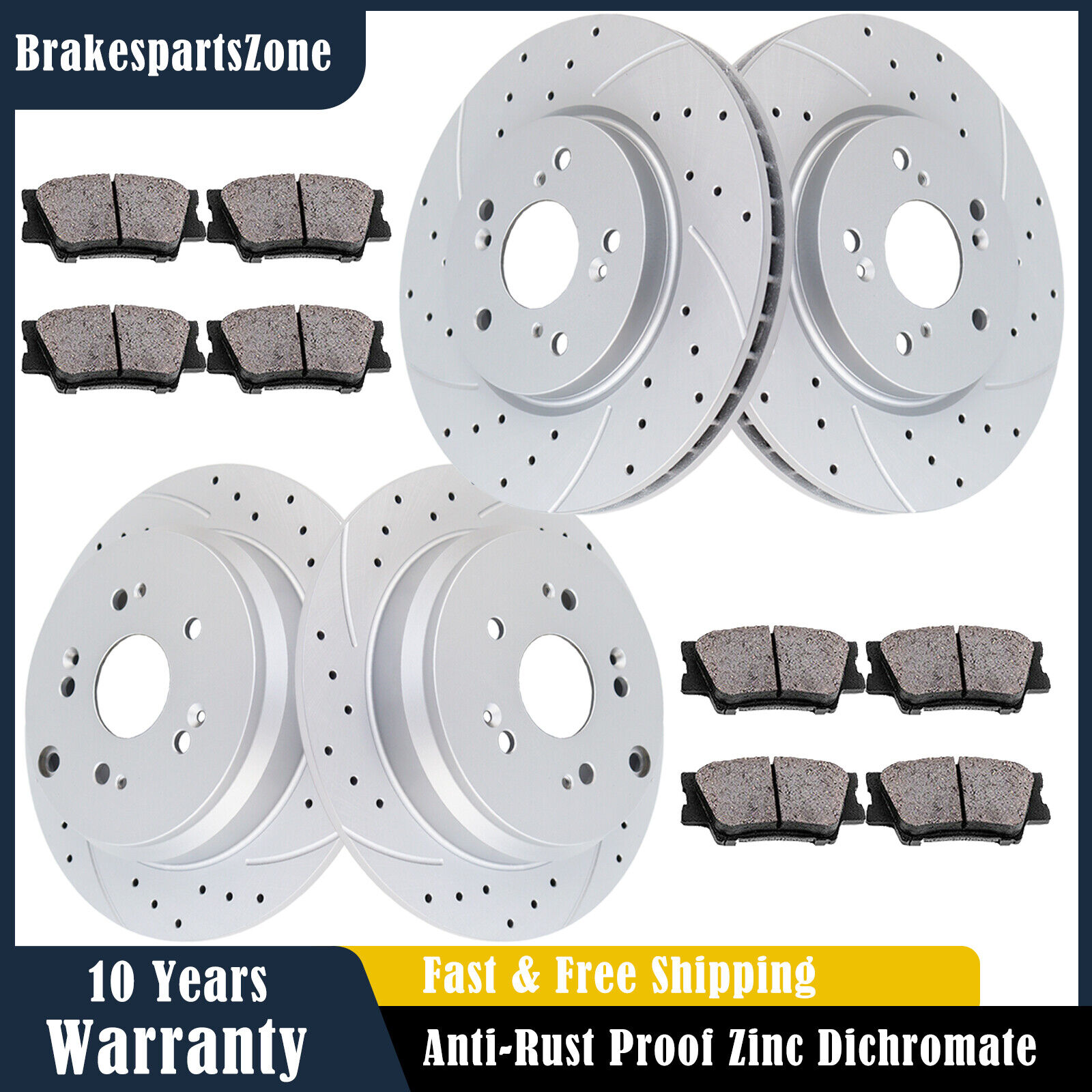 Fit for Honda CR-V 2007-2016 Front and Rear Slotted Drilled Brake Rotors Pads