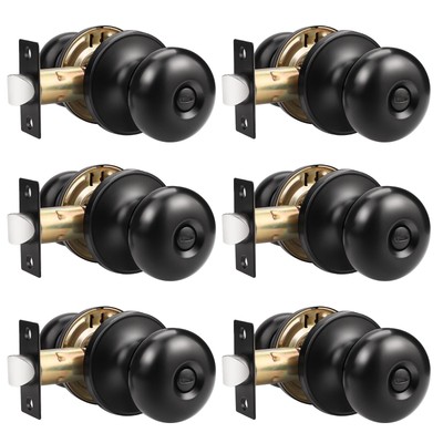 6 Pack Matte Black Door Knob Privacy Interior Door Knob With Lock Round Keyless 
