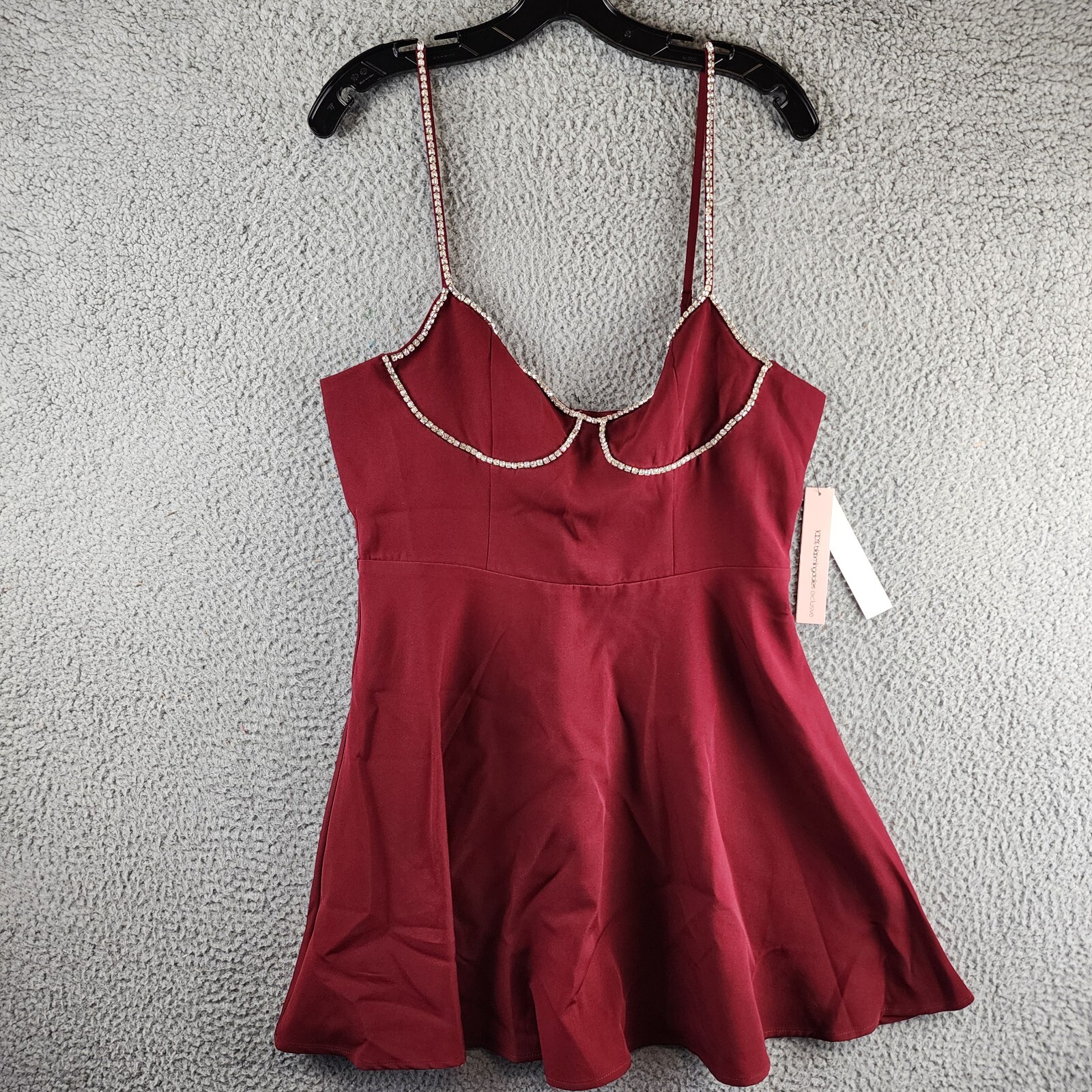 Aqua Crystal Trim Mini Dress Women's Large Wine Sweetheart Neck - Picture 3 of 14