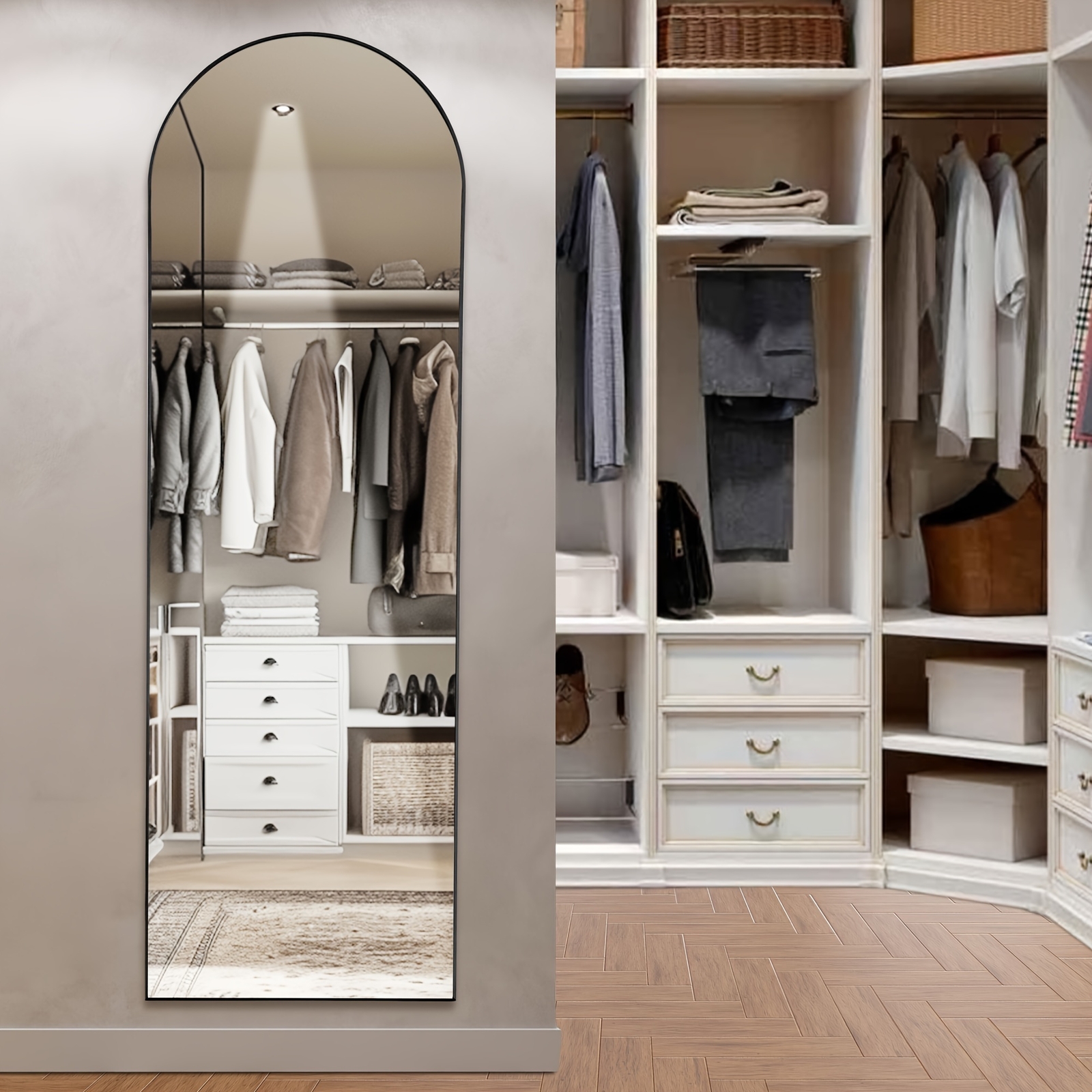 Full Length Arched Standing Floor Mirror,Gold/Black Frame Home Full Body Mirror