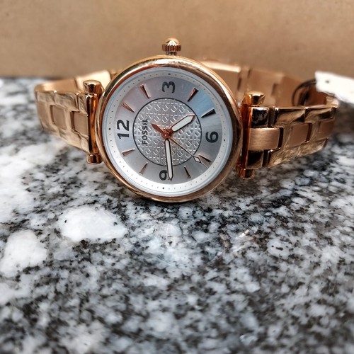 Fossil Ladies Carlie Three Hand Rose Gold Tone Stainless Steel Watch ES5202 New