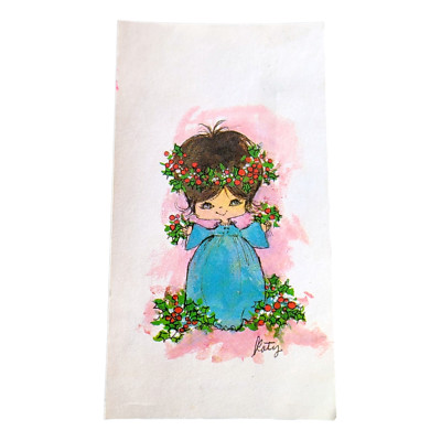 Vintage Katy Jablonski Zimmie Cute Girl Christmas Card Big Eyes