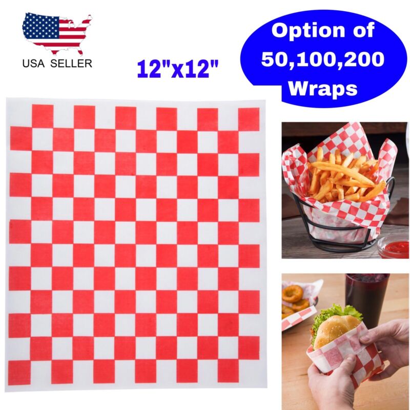 Red & White Checkered Wax Deli Sandwich Wrap Paper Sheets Basket Liner 12x12"