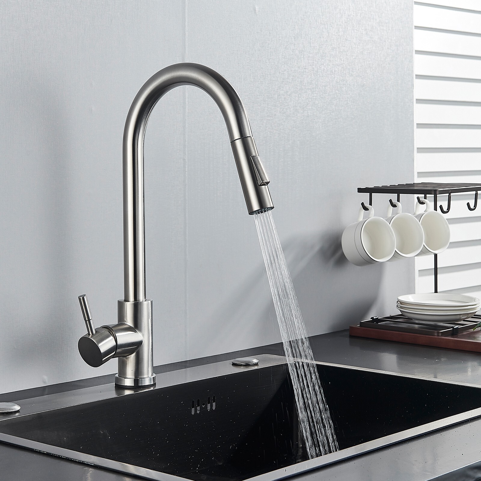 Stainless steel Kitchen Sink Faucet Pull Down Sprayer Single Handle Swivel Mixer