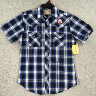 NEW! Wrangler Western Shirt MENS Medium Plaid Short Sleeve Pearl Snap Blue