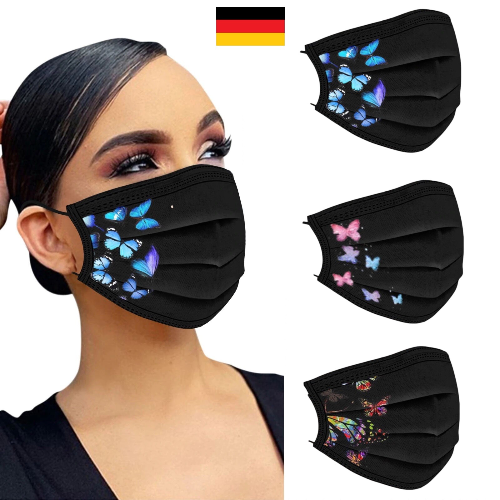 10-50 x EMUZO Mund-Nasen-Maske Behelfsmaske Schwarz mit Schmetterlingen 3-Lagig