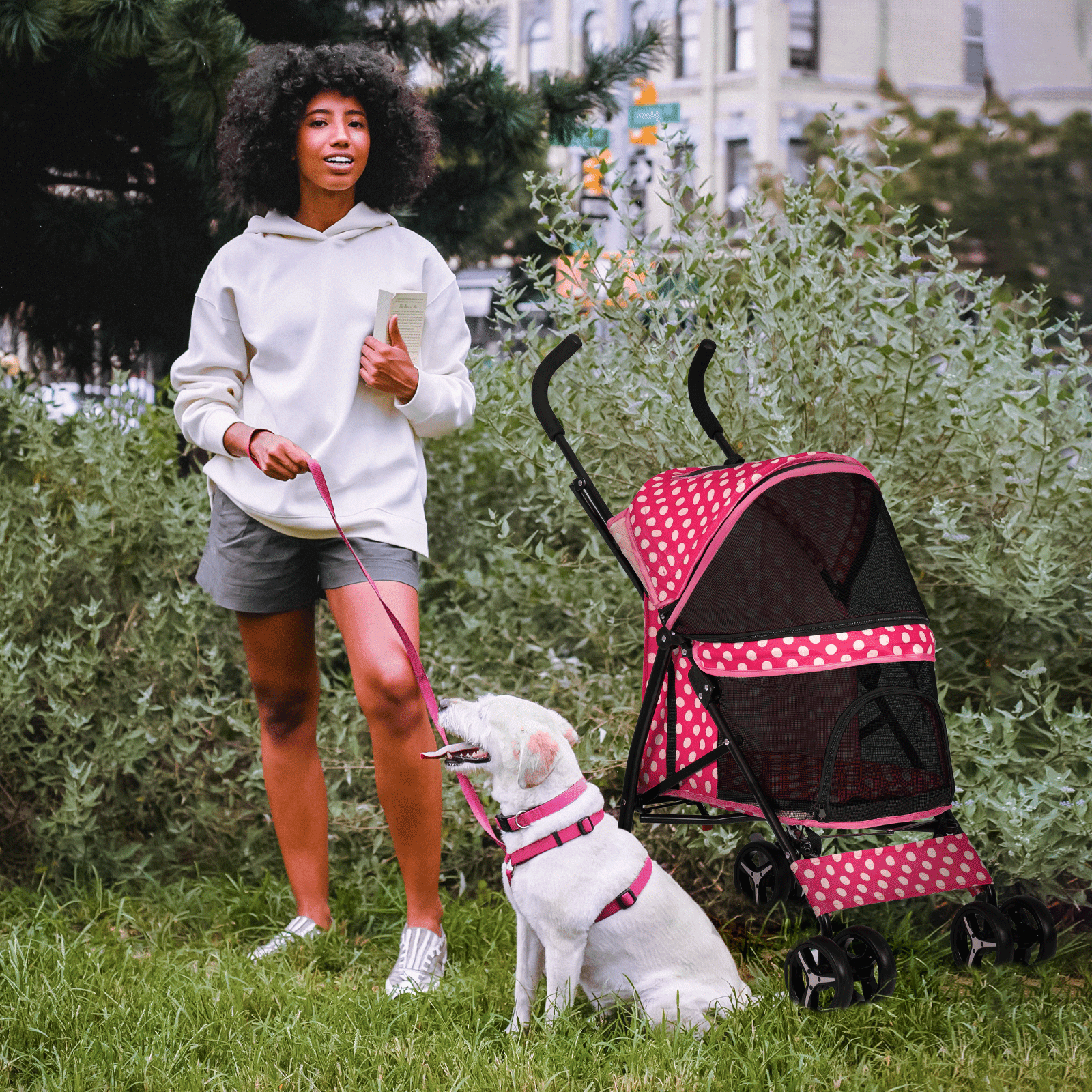 4 Wheels Pet Stroller w/Skylight+Storage Basket Foldable Cat Cage Travel Carrier