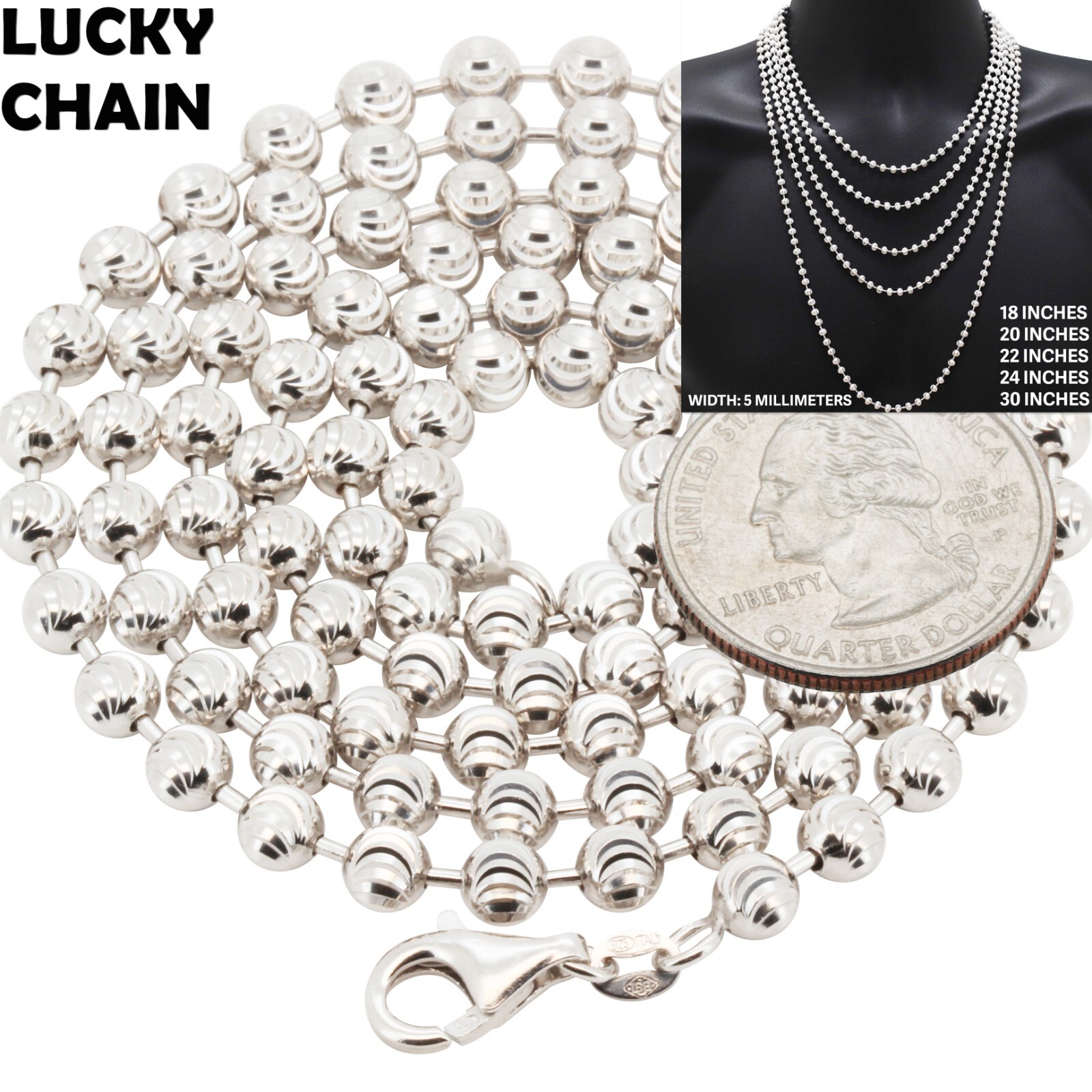 18 30 925 STERLING SILVER MOON BALL CHAIN NECKLACE 5MM 24g 36g