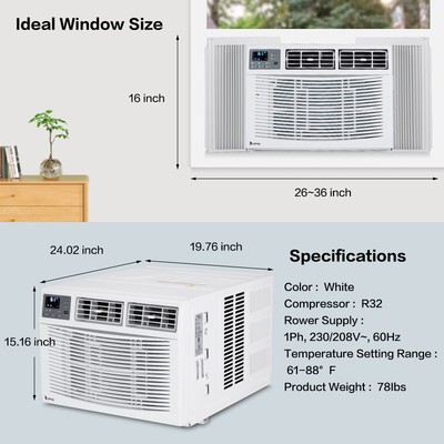 12000 BTU Air Conditioner Window Unit with Heat,Timer, Remote Control 230V/ 60Hz