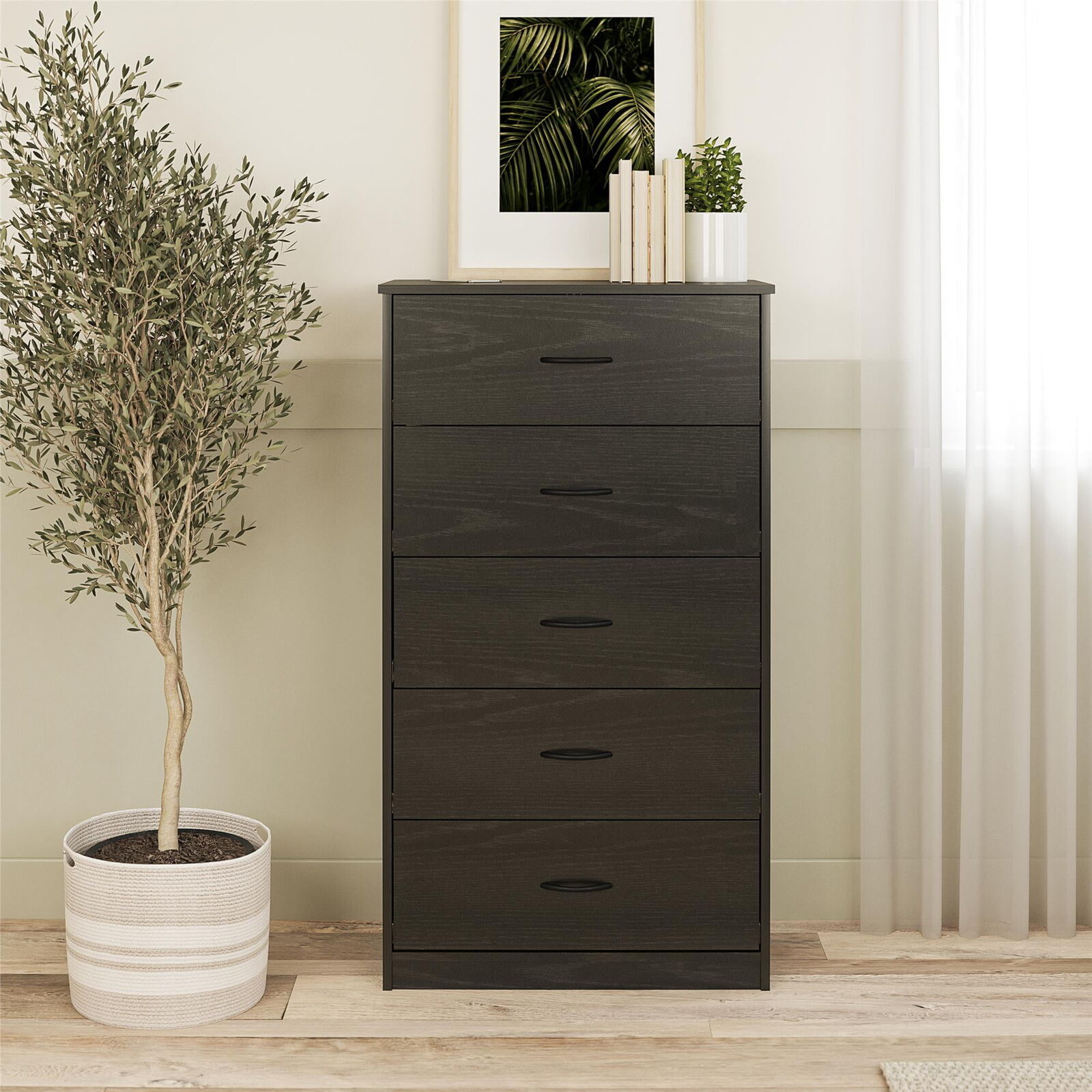 5 Drawer Dresser Durable Metal Slide Rails Store Jeans Sweaters Extra Linen Oak