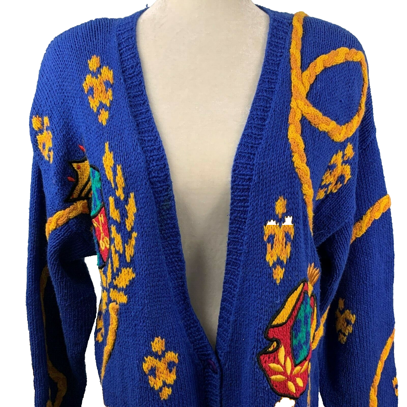 Vintage 80s Hand Knit Cardigan Sweater M Blue Crest