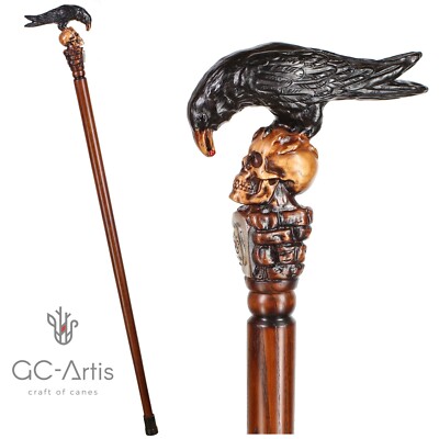 Black Crow & Skull  Wooden Walking Cane Stick Goth style gravestone