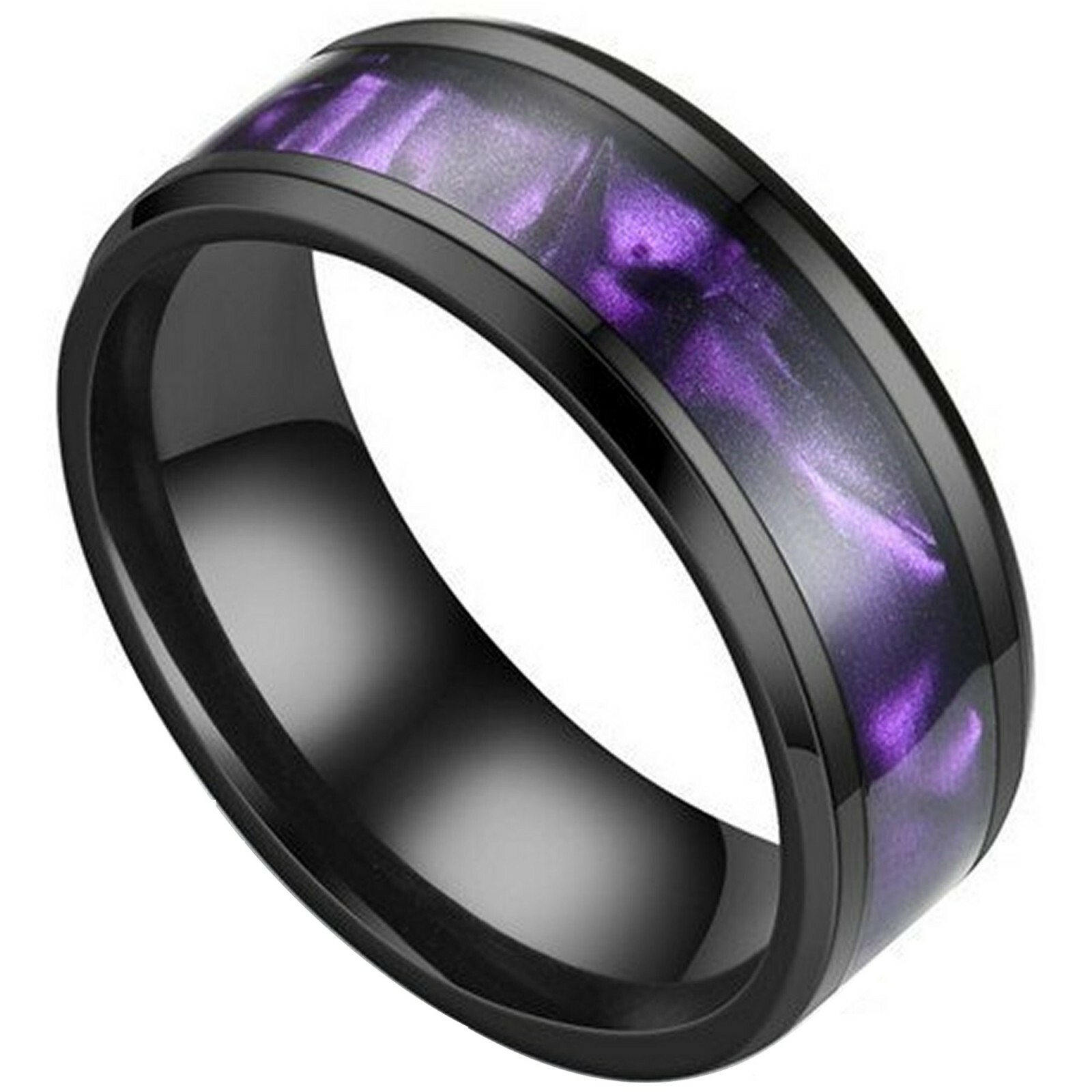 Synthetic Amethyst Ring Black Stainless Steel Purple Wedding Band Mens Womens