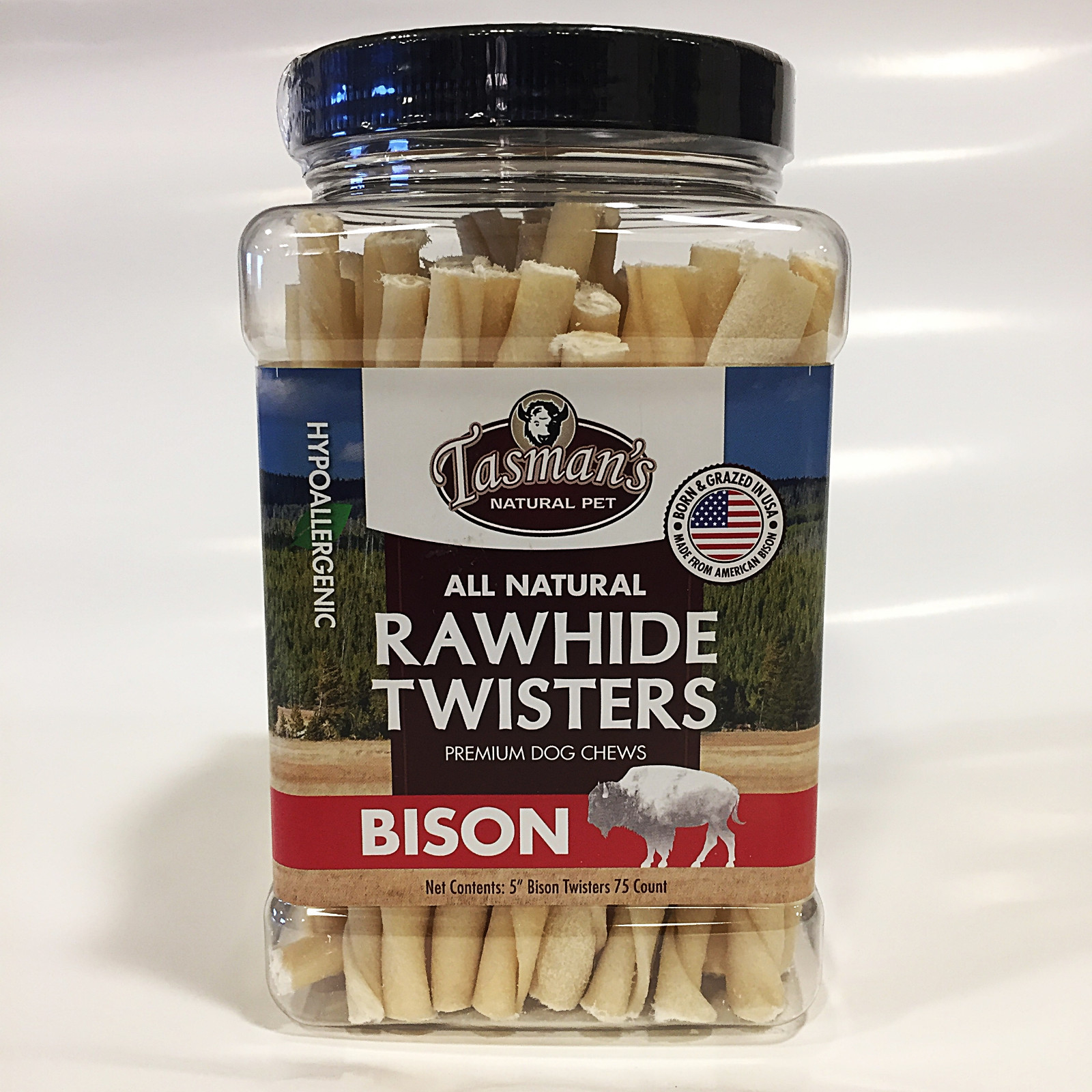 Premium American Buffalo Bison Rawhide Chews - 5" Twisters  | 75 Count Jar |