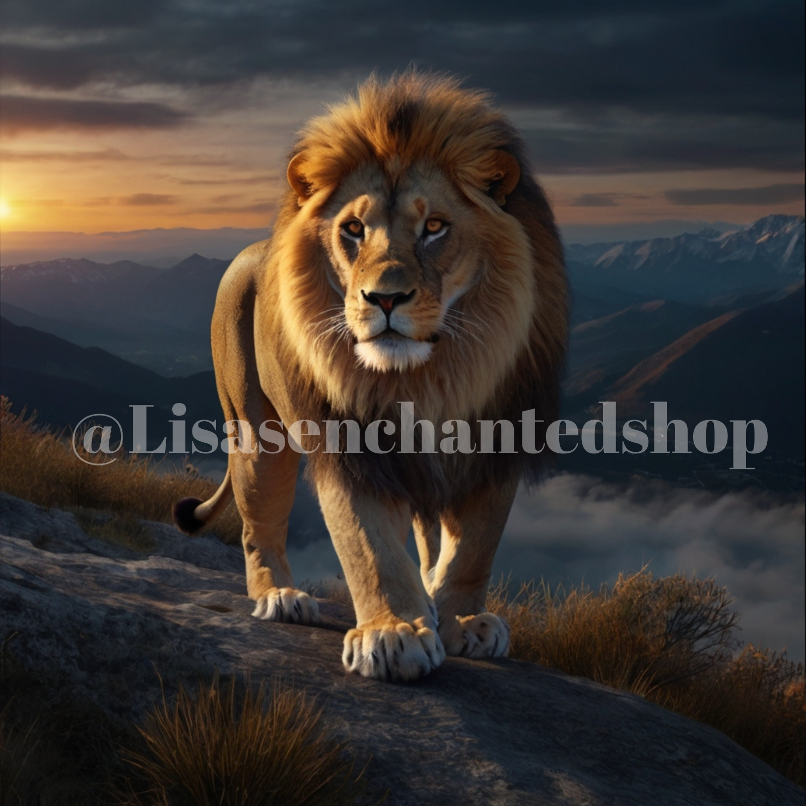 Digital Image Desktop Wallpaper AI Art - Lion Climbing Mountain During Sunrise